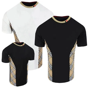 T Shirt Men Designer Italian Plaid Stripe Side Panels Crew Neck Slim Fit Stretch - Picture 1 of 4