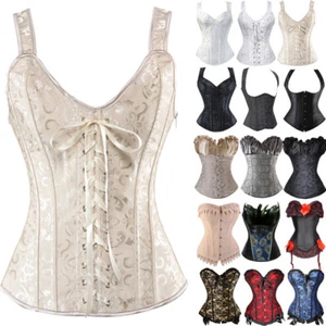 Party Bustier Corset Top Burlesque Basque Lace up Red Overbust Boned Shaper - Picture 1 of 50