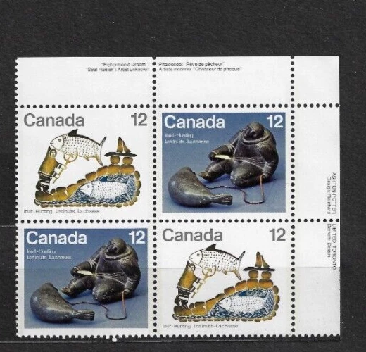 INUIT HUNTING, ABORIGINAL CANADA 1977 #748-749 MNH   plate  Block of 4 UR - Image 1 of 1