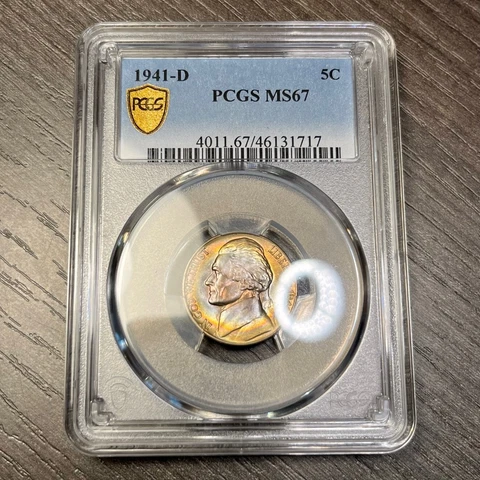 MS67 1941-D 5C Jefferson Nickel, PCGS Secure- Rainbow Album Toned Cover