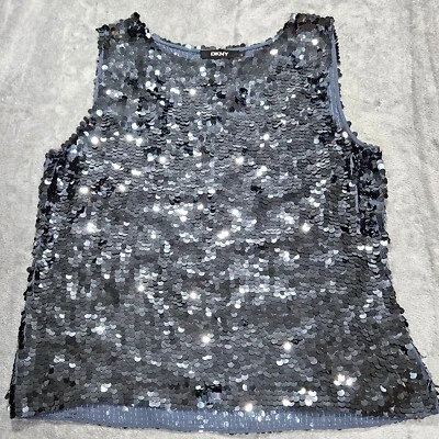 DKNY Top Womens Large Blue Silver Full Sequin Sleeveless Silk Blouse Tank Party - Image 1 of 4