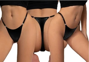 Wet Look Thong Sexy PVC Rhinestone Buckles Knickers Size 10 12 14 16 18 20 L XL - Picture 1 of 22