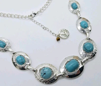 Trifari Necklace Faux Turquoise Silver Tone textured smooth 18 in - Image 1 of 4