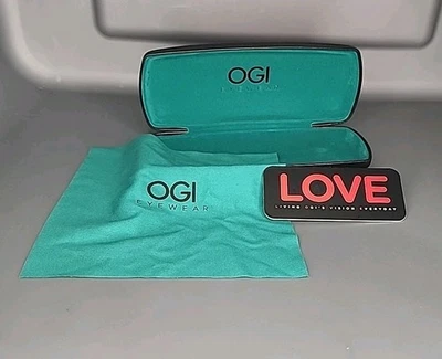 OGI Eyewear Hard Eyeglasses Clamshell Case Spring Hinge Black Mint Green W/cloth - Image 1 of 4