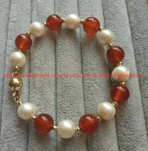 Natural 9-10mm Akoya White Pearl & Red Agate Gems Round Beads Bracelet 7.5'' - Picture 1 of 12