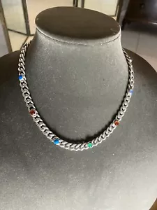 Collana girocollo vintage pesante 87g maglia cubana 18" catena con pietre preziose cabachon - Foto 1 di 5