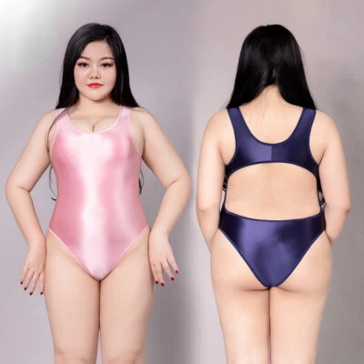 Damen Geölt Glänzend Body Turnanzug Bademode one piece Übergröße Badeanzug - Bild 1 von 4