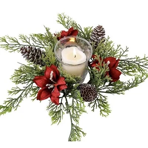Christmas Candle Rings Xmas Small Wreath for Pillars Artificial Red Flowers P... - Picture 1 of 7