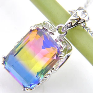 Romantic Rectangle Rainbow Mystic Fire Topaz Gemstone Silver Necklace Pendants - Picture 1 of 6
