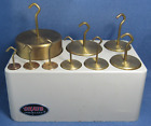 Vtg OHaus Calibration Brass Weight Set 10g - 1000 Gram Hooked Top USA + Holder