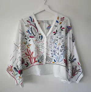 Zara 100% Cotton Embroidered Shirt Oversized Top Size M Medium 10 12 - Picture 1 of 7
