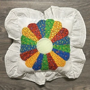 Dresden Plate Pattern Throw Pillow White Ruffled Edges Multicolor Floral Design - Picture 1 of 5