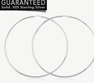 Silver Hoop 3 inches Extra Large Round Tube Circle Thin Plain Earrings Sterling - Picture 1 of 11
