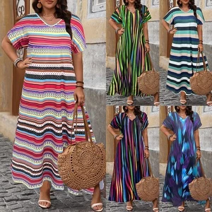 Plus Size Womens Striped Maxi Dress Summer Holiday Beach Split Kaftan Dress - Picture 1 of 22