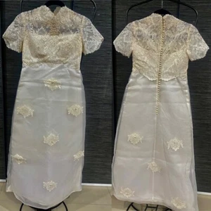 VTG 60s EDYTHE VINCENT ALFRED ANGELO MOD WEDDING LACE & PEARLS GOWN WEDDING XS - Picture 1 of 10