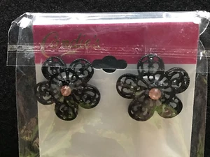 New Black Filigree Earrings with Pink Rhinestone Center Pierced Candies NIP - Bild 1 von 5