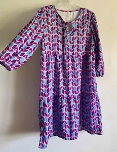TURQUOISE & PINK FLORAL PRINT LONG SLEEVE MIDI SHIFT DRESS SIZE: LARGE BOHEMIAN - Picture 1 of 11