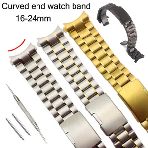 Curved End Metal Watch Band 20mm 22 16 24mm Stainless Steel Folding Buckle Strap - Picture 1 of 14