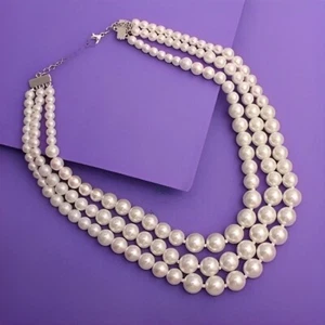 Faux White Pearl 3 Strand Layering 24 Inch Long Necklace Women Partywear Jewelry - Picture 1 of 9