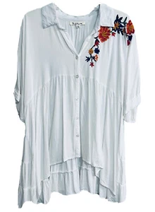 Solitaire Embroidered Blouse Boho Oversized Button Down Hi-Lo Tunic Top White M - Picture 1 of 6