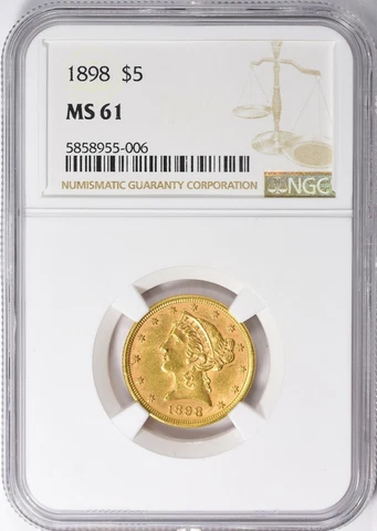 1898 LIBERTY HEAD $5 HALF EAGLE GOLD NGC MS61 Cover