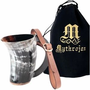 Mittelalter Trinkhorn mit Lederriemen Rinder Ale Wikinger Krug 300 ml - Bild 1 von 17