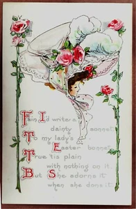 EASTER Pretty Lady BONNET SONNET Embossed Postcard c. 1910 - Picture 1 of 2