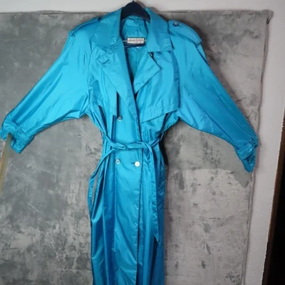 J. Gallery Trench Coat Womens Petite 15/16 Teal Nylon Belted Double Breasted - Image 1 of 4