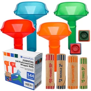 144 Pcs Assorted Preformed Coin Wrapper Rolls with Color Coded Coin Counter T... - Picture 1 of 5