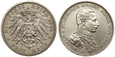 German Empire 3 Mark 1914 Prussia - Wilhelm II Uniform Silver - Image 1 of 3