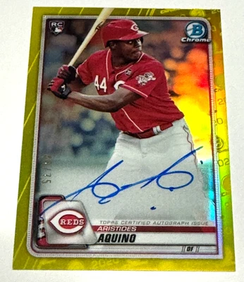 2020 Bowman Chrome Aristides Aquino #CRA-AAQ Auto Yellow Refractor RC 45/75 Reds - Image 1 of 2