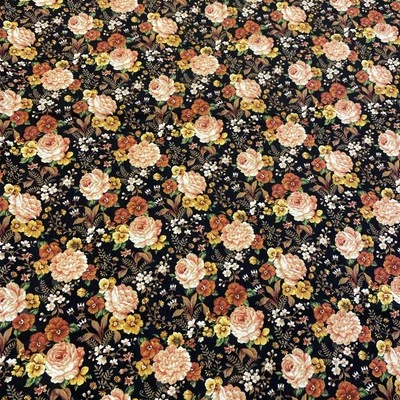 Pink Rust Roses Flowers on Black The Kesslers VTG Concord Fabrics 1 1/2yd. - Image 1 of 3