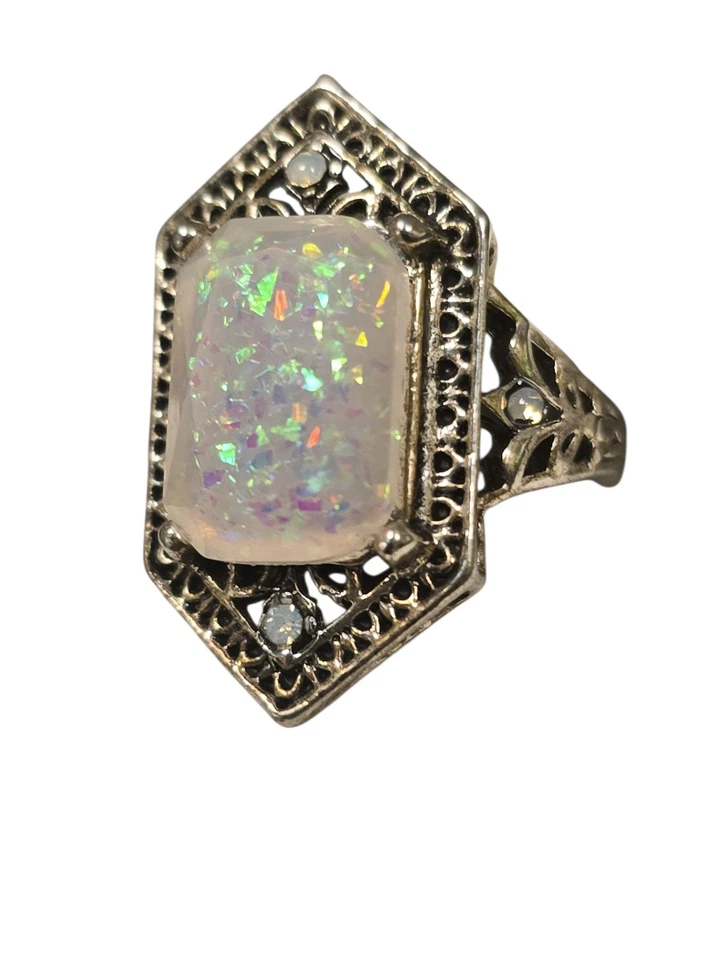SILVER FILIGREE ANTIQUE STYLE OPAL RING Sz 6 - Image 1 of 4