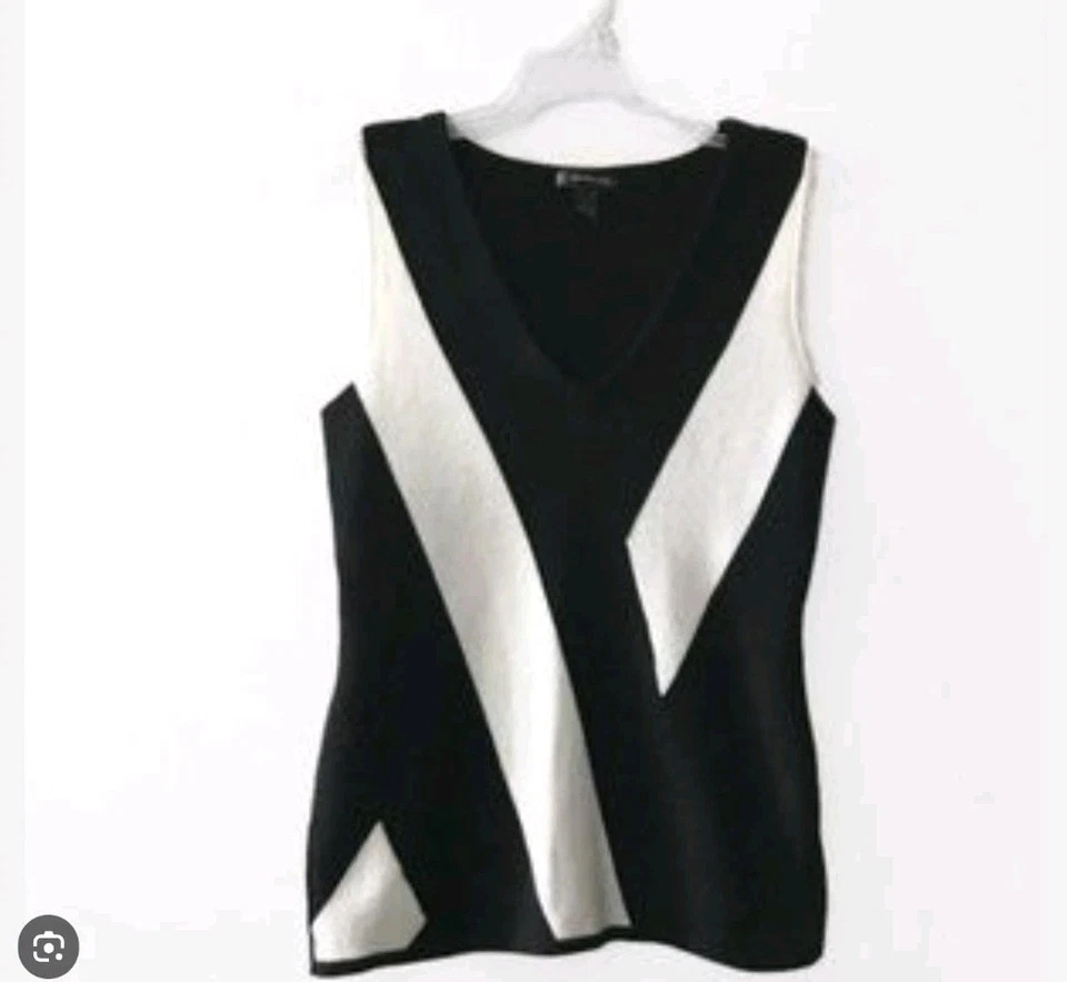 INC International Concepts Colorblock Suéter Chaleco Negro Blanco Cuello en V Tejido Top L Foto 1 de 4