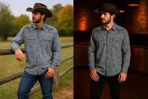 Moonshine Men’s Western Shirt XXL Blue Pearl Snap Rodeo Country Rock Cowboy - Picture 1 of 16