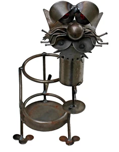 UNIQUE HAND CRAFTED 12” METAL INDUSTRIAL CAT PILLAR CANDLE HOLDER RED EYES  - Picture 1 of 4