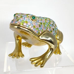 Rucinni Bejeweled Frog Trinket Box Pastel Crystals Gold Tone Metal Green Eyes - Foto 1 di 9