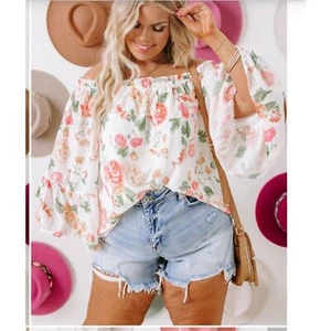 Blusa Boho Floradora Tomate Blanca Floral Fuera del Hombro Suelta - Imagen 1 de 6