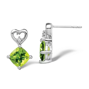 14K Solid White Gold Peridot Diamond Heart Dangle Earrings - Picture 1 of 4