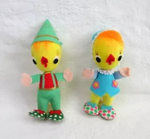 Vintage Ostern Frühling Küken Japan Filz beflockt Styropor Paar Junge Mädchen - Bild 1 von 3