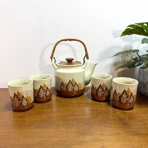 Otagiri Japanese Tea Set Pot and 4 Cups Sake Autumn Trees Vintage Japan - Picture 1 of 13