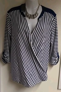 Ladies M&Co Primrose Hill Navy White Striped Wrap Top Size Uk 16. Bnwt. - Picture 1 of 8