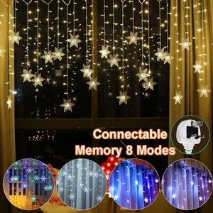 LED Snowflake Curtain Lights Plug in String Fairy Christmas Window Lights Party - Picture 1 of 16