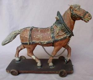 Antique Paper Mache Horse Pull Toy On Wooden Platform With wood Wheels TLC - Picture 1 of 15