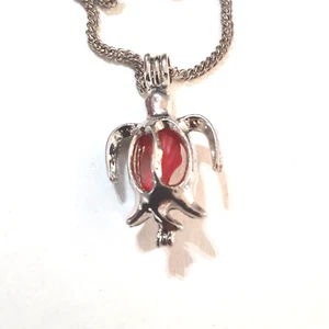 Sea Turtle Cage Locket Pendant With Coral Necklace Silver 1*18 - Picture 1 of 5