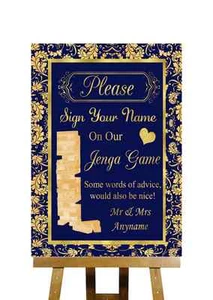 Blau und Gold Jenga Spiel Botschaft personalisiert Hochzeit Schild - Bild 1 von 8