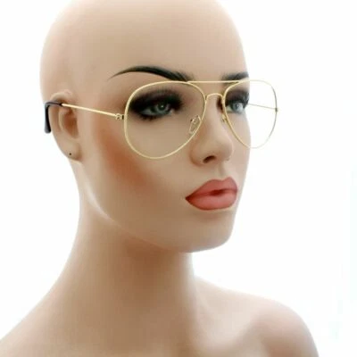 LARGE AVIATOR STYLE CLEAR LENS FASHION SUNGLASSES WITH GOLD FRAME - Image 1 of 2