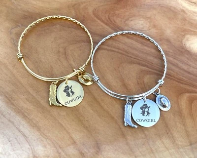 Cowgirl Stainless Steel Adjustable Bangle Bracelet Cowgirl Hat and Boot Jewelry - Image 1 of 2