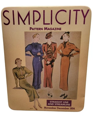 Vintage 1980s Simplicity Pattern Magazinne 1934 Rosa Retrô Anos 30 Caixa de Armazenamento de Lata - Imagem 1 de 4