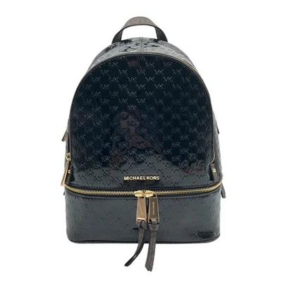 Michael Kors Black And Brown Patent Leather Monogram Rhea Backpack - Image 1 of 4